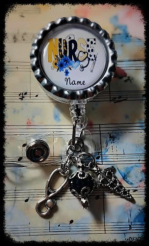 Blue Floral Personalized Nurse Badge Reel